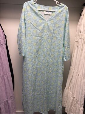Light Blue and Pale Green Patterned V-Neck Women's Kaftan 100% Cotton